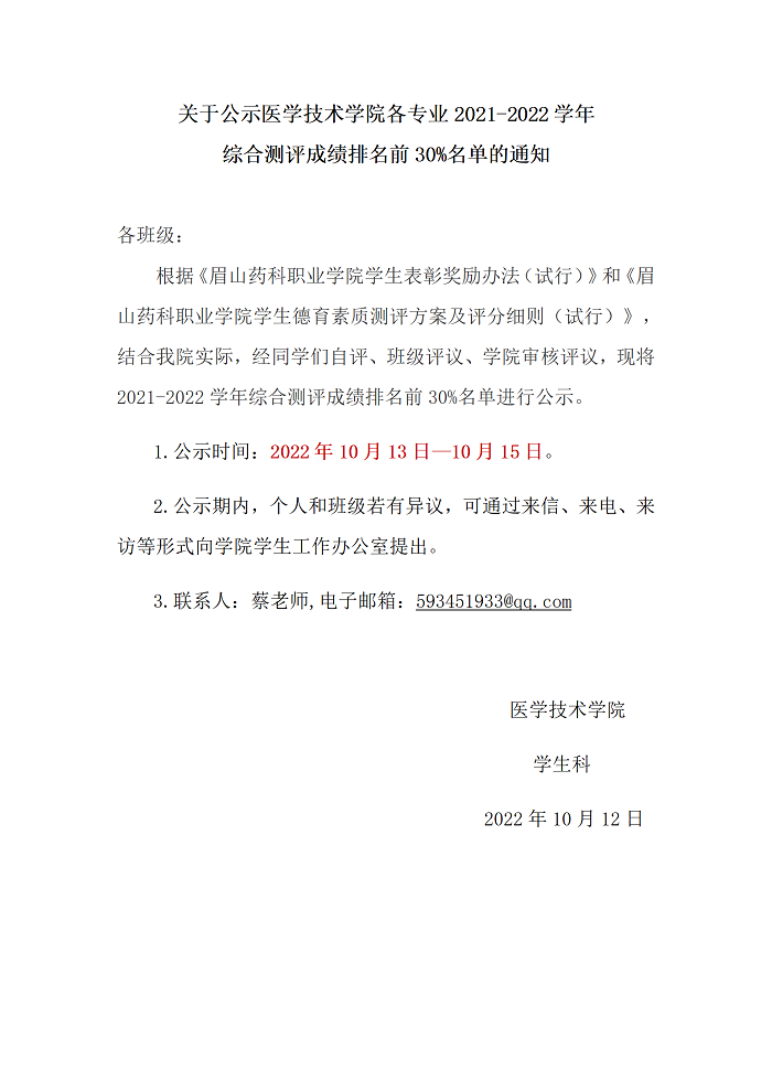 关于公示医学技术学院2021-2022学年各专业综合测评成绩排名前30%的名单通知_01.png